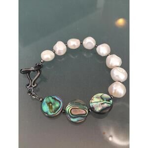 Abalone and White Freshwater Pearl Bracelet - Toggle Clasp Closure